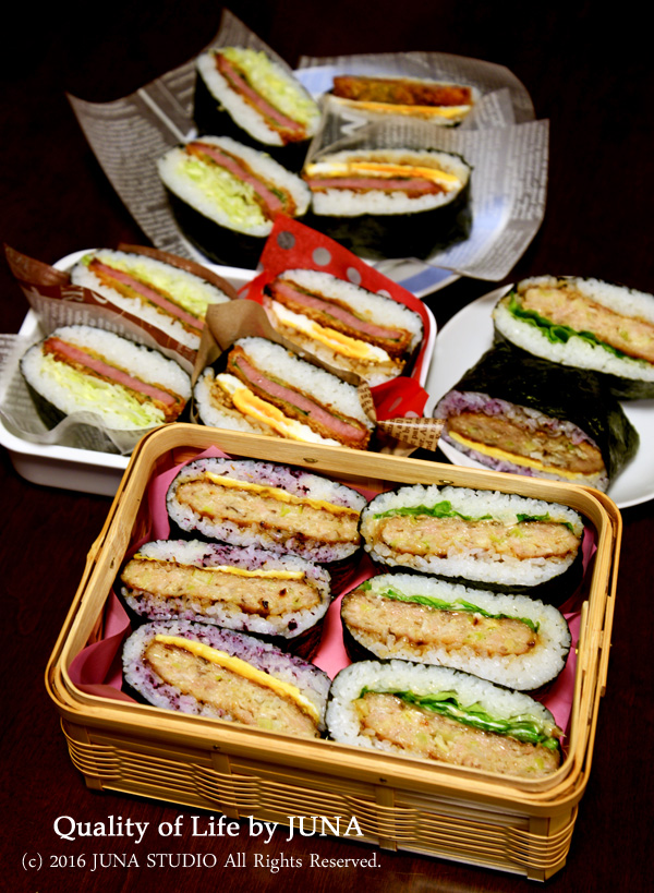 つくね風鶏バーグ&ハムカツでおにぎらず