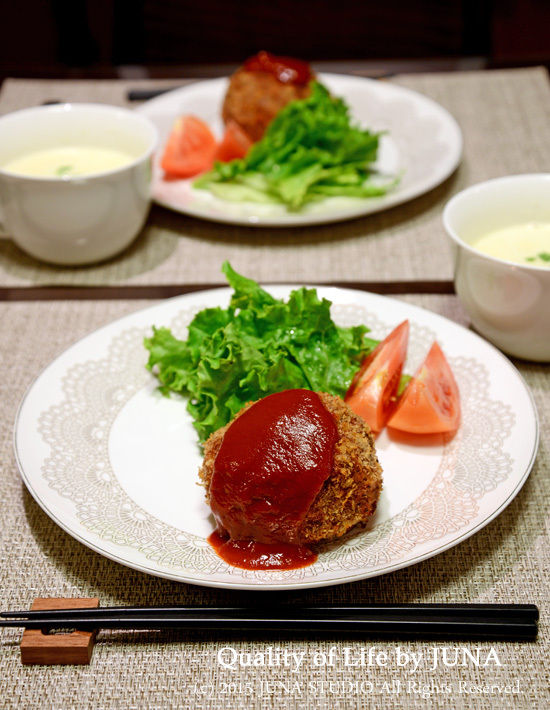 キャベツ入り和風メンチカツとJUNA流ポタージュ