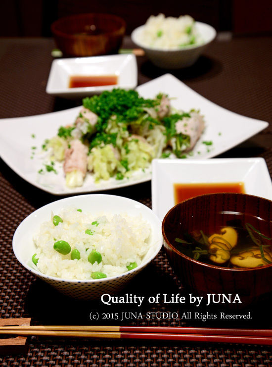 枝豆と葉ショウガの炊き込みごはん&野菜の豚肉巻き蒸し