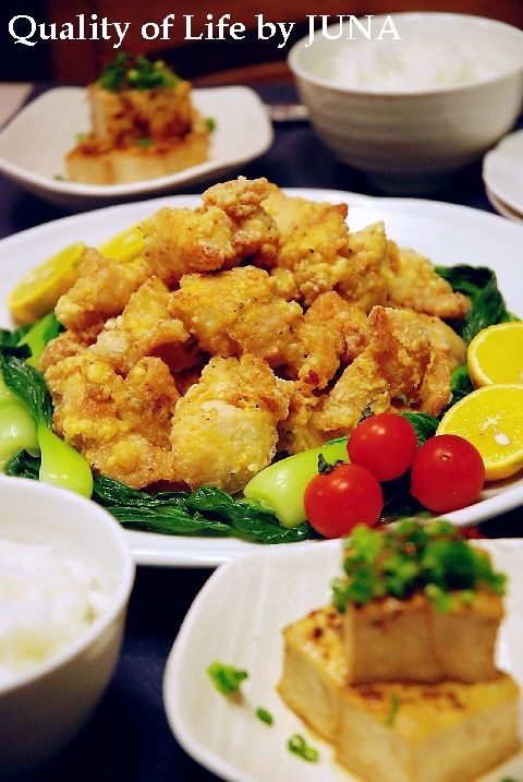 鶏ムネ肉で塩唐揚げ☆すだち添え