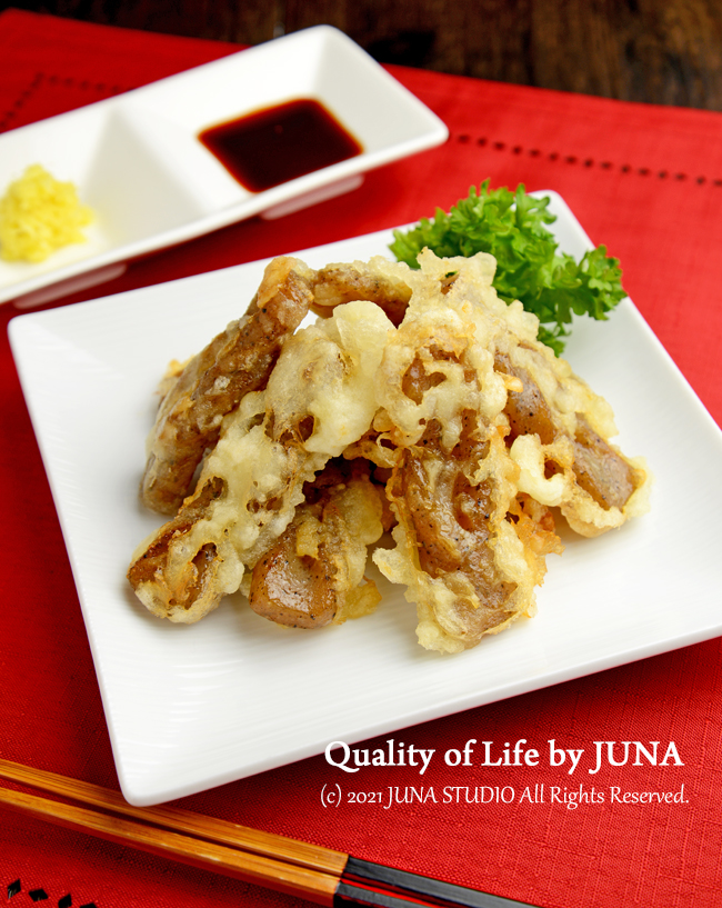 手綱こんにゃくの天ぷら　しょうがしょうゆ添え／ヤマサさんの料理をいつも楽しみにしすぎているJUNA夫さん