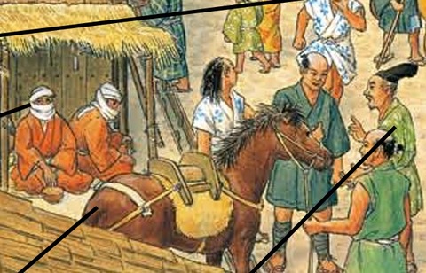 たいむタイムトラベル 博多 古代よりの烏帽子をかぶる習慣がくずれ,応仁の乱以降,頭に何もかぶらない露頭が増えた