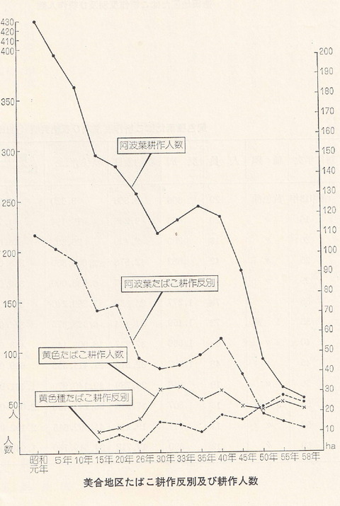 美合地区の葉煙草作付け面積・農家数推移