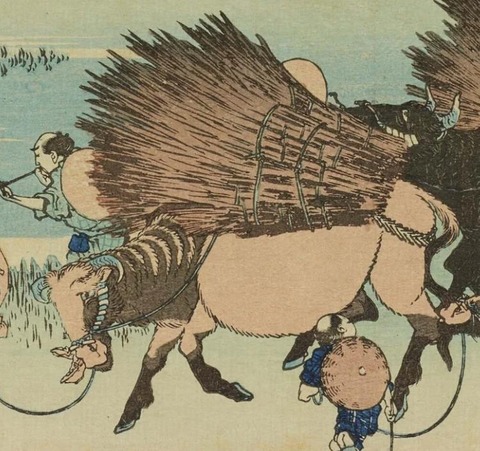 葛飾北斎「冨嶽三十六景」の「駿州大野新田」の牛の拡大図