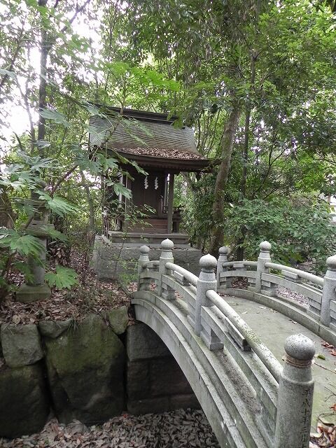 放生池の中島にまつられる宇迦神社