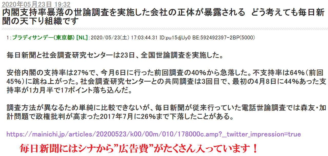 シナから広告費を貰っている毎日新聞の世論調査の信用性とは？