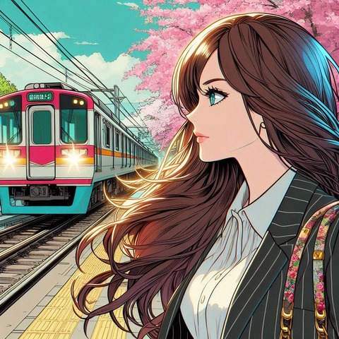 A woman looking at the train in a manga style