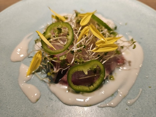 02 シマアジと翡翠茄子のカルパッチョ