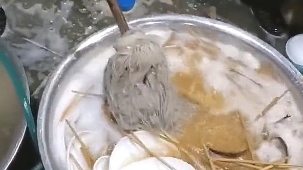 中国式皿洗い！床拭きモップで大量の皿を一気洗い