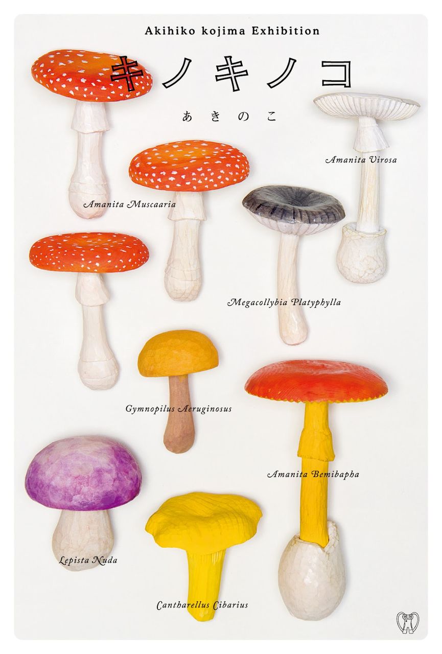 小島秋彦 シナノキ アクリルペイント マッシュルームスタンド 木彫り