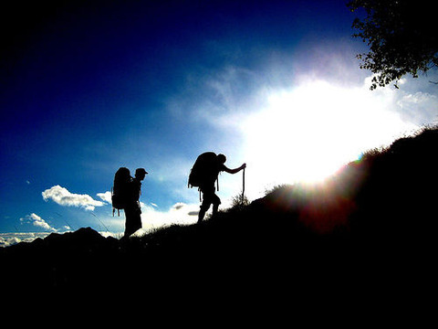 急登を登る登山者