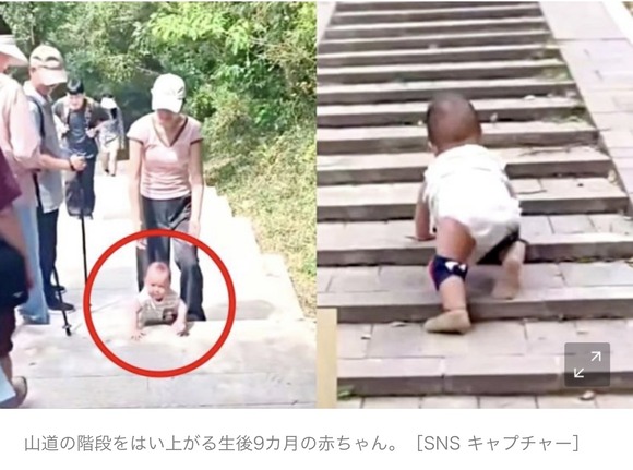 【中国】生後9ヶ月の赤ちゃんに登山をさせる。日本だと炎上案件も中国ではほっこり