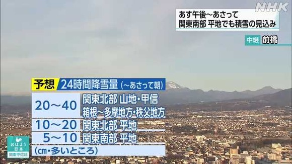 関東甲信であすから降雪！関東南部の平地でも積雪の見込み