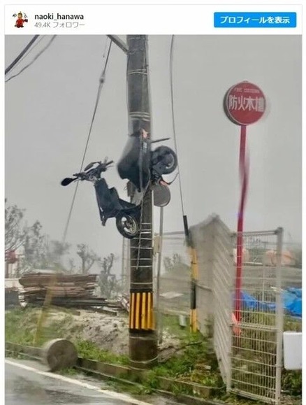【画像】電柱にまさかのものが！？はなわ　台風直撃の沖縄の写真が衝撃すぎ「ヤバい」「怖すぎなんだけど」「こりゃ凄い」