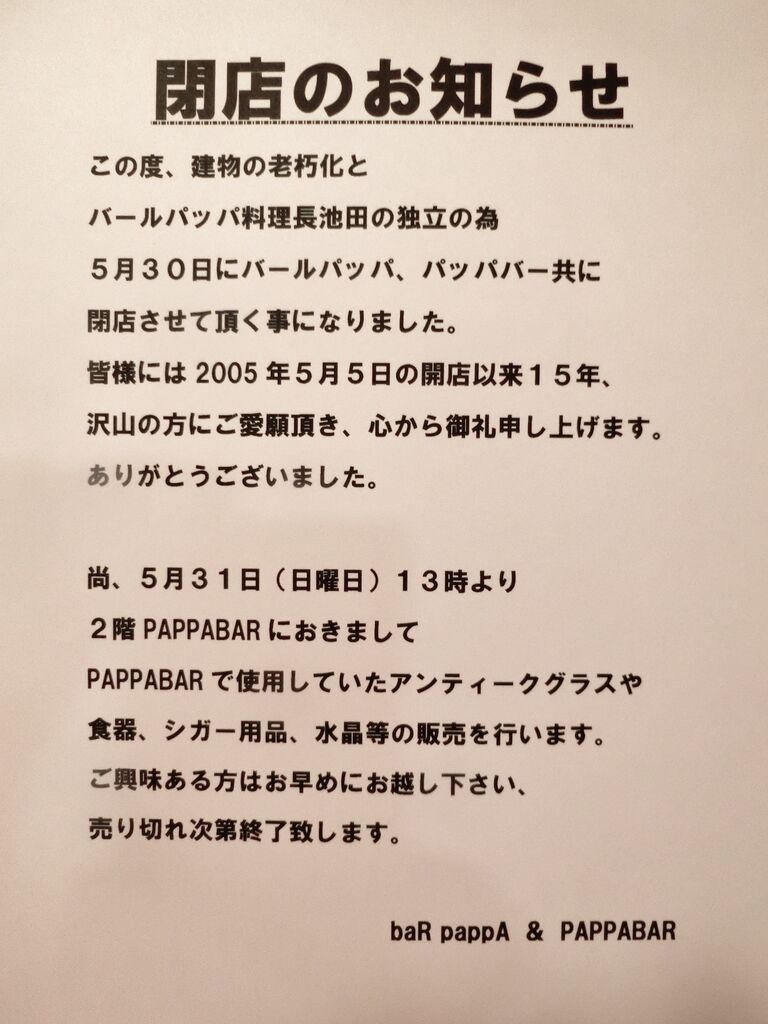 Bar Pappa バールパッパ Pappabar パッパバー 閉店のお知らせ Pappaのお魚ブログ Bar Pappa バールパッパ Pappabar パッパバー 閉店のお知らせ Pappaのお魚ブログ