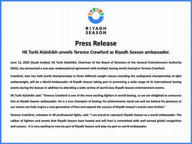 クロフォードとの合意を報じるプレスリリース（画像）