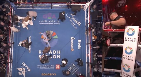 ジョシュア vs デュボア戦のキャンバス（左）とコーナーカバー（右）