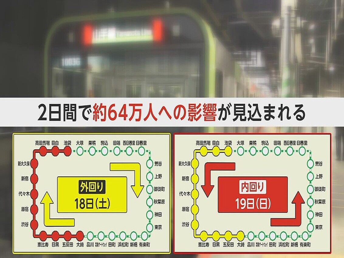 【東京】JR山手線の一部区間、11月18日・19日に運休、 およそ64万人が影響