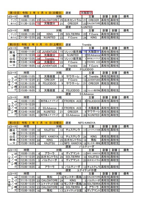 2021.鹿児島県クラブユース U-15 鹿児島県 予定表