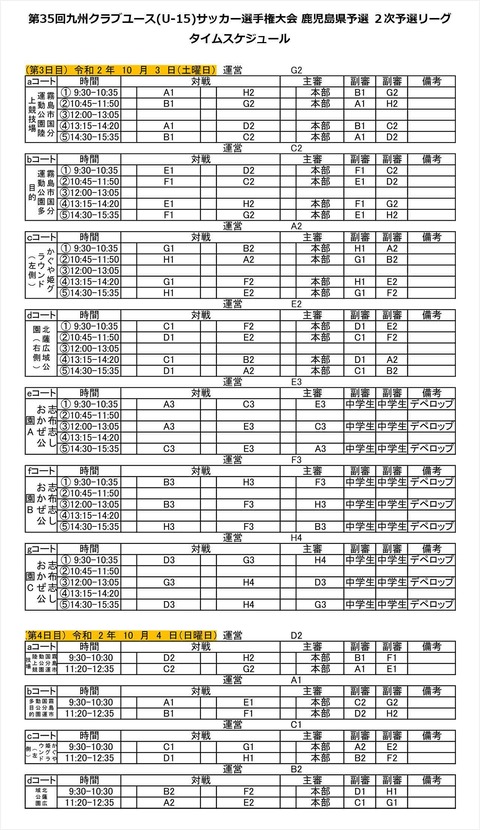 九州クラブユース_鹿児島県予選_2次予選_タイムスケジュール