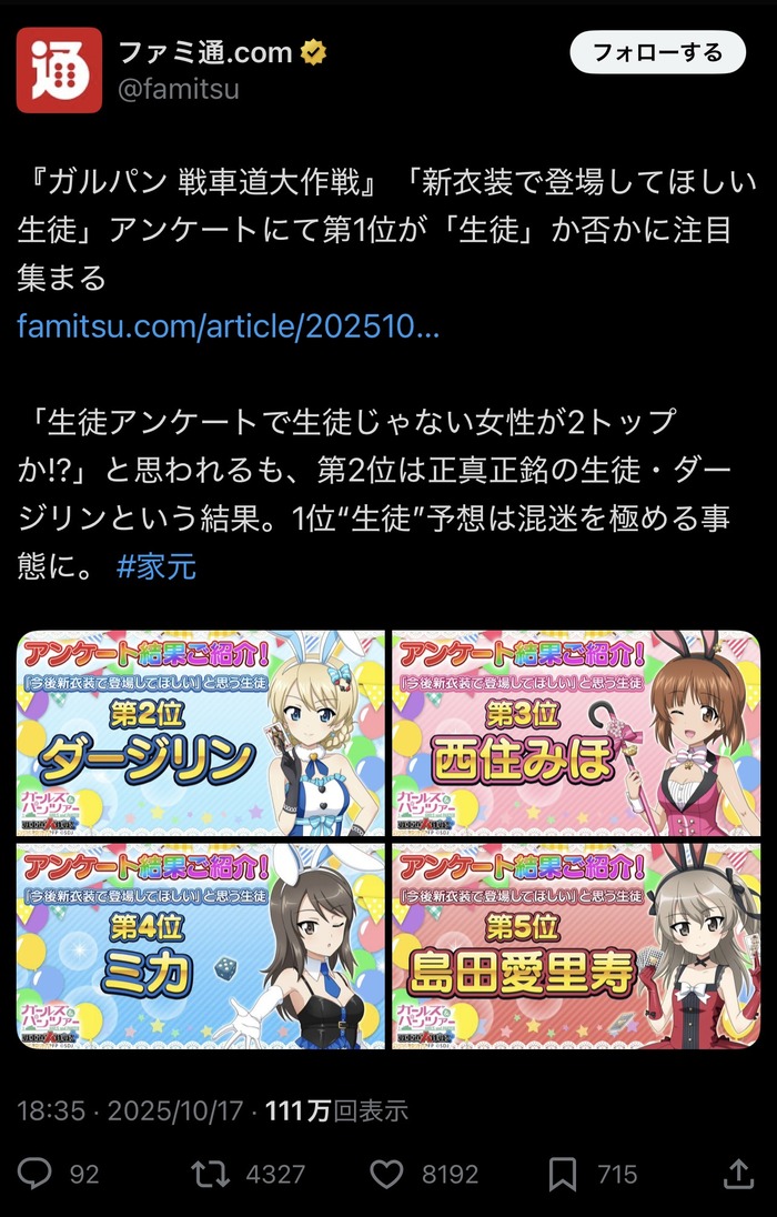ガルパンの人気投票1位がまさかのあの人ｗｗｗｗｗｗのトップ画像