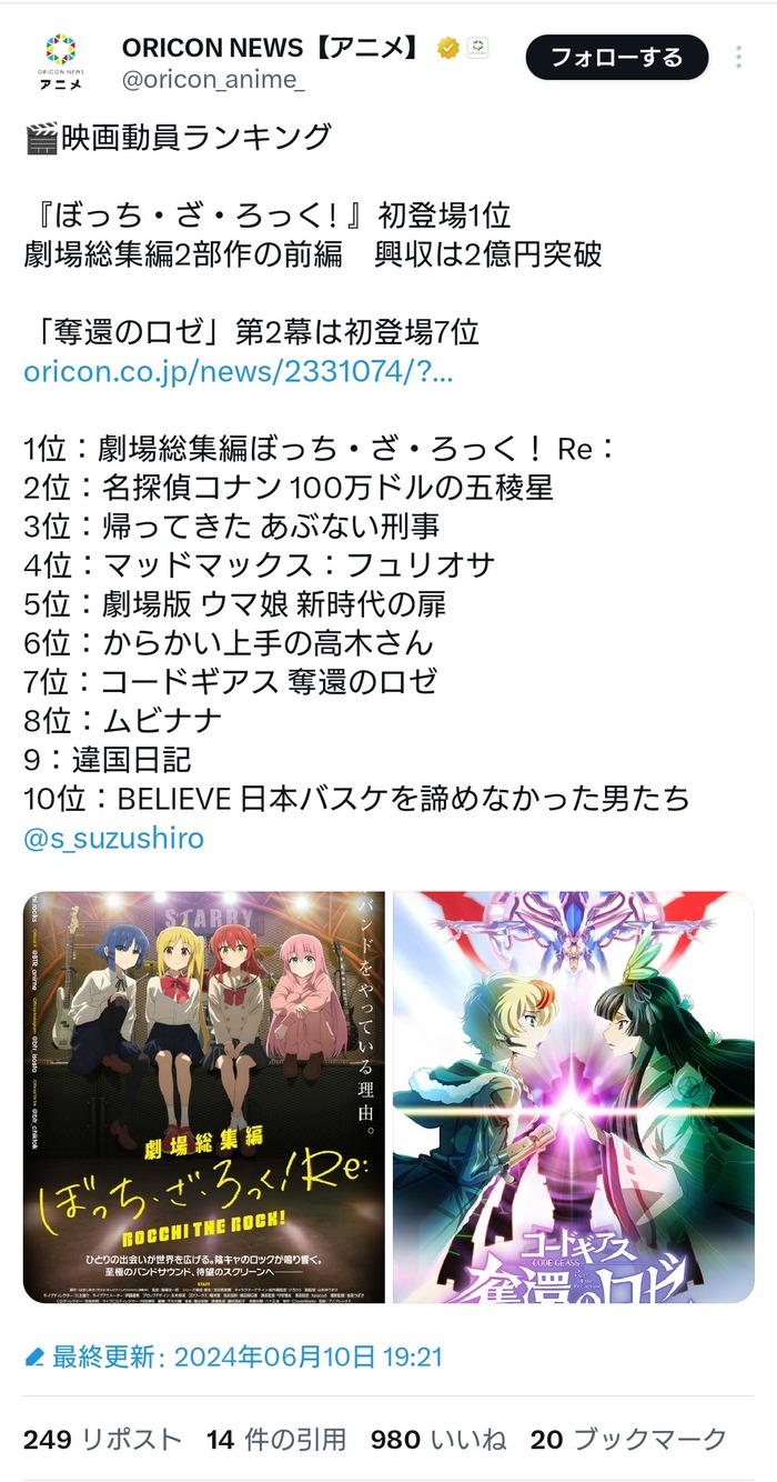 【朗報】映画 ぼっち・ざ・ろっく! コードギアスを破り堂々の1位のトップ画像