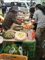 サラダ、おにぎり、塩卵かけご飯