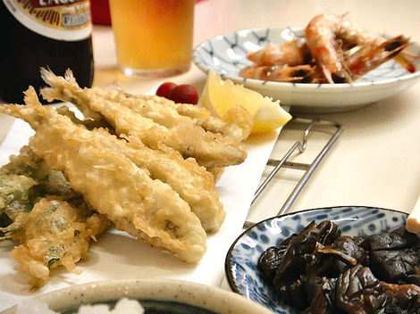 天房 稚鮎天 焼き芝 山麓 釜あげカレーうどん 春は築地で朝ごはん
