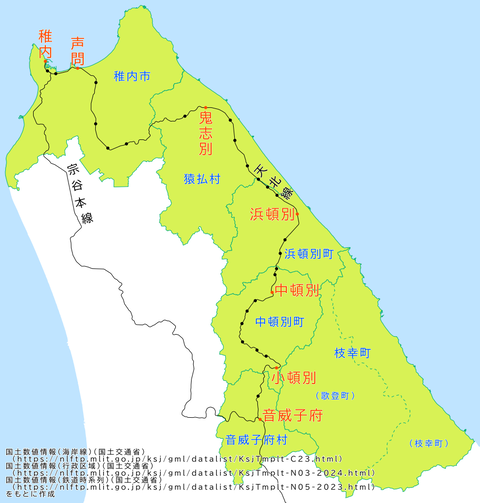旧天北線沿線などの自治体の地図