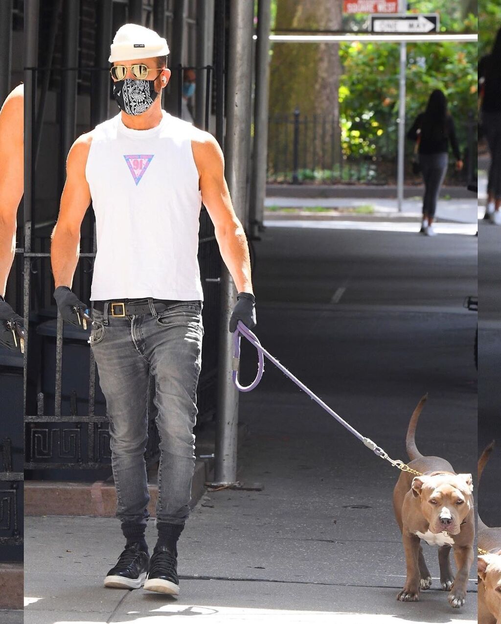 ジャスティン セロー バンダナ柄マスクで犬の散歩 メンズセレブファッションニュース
