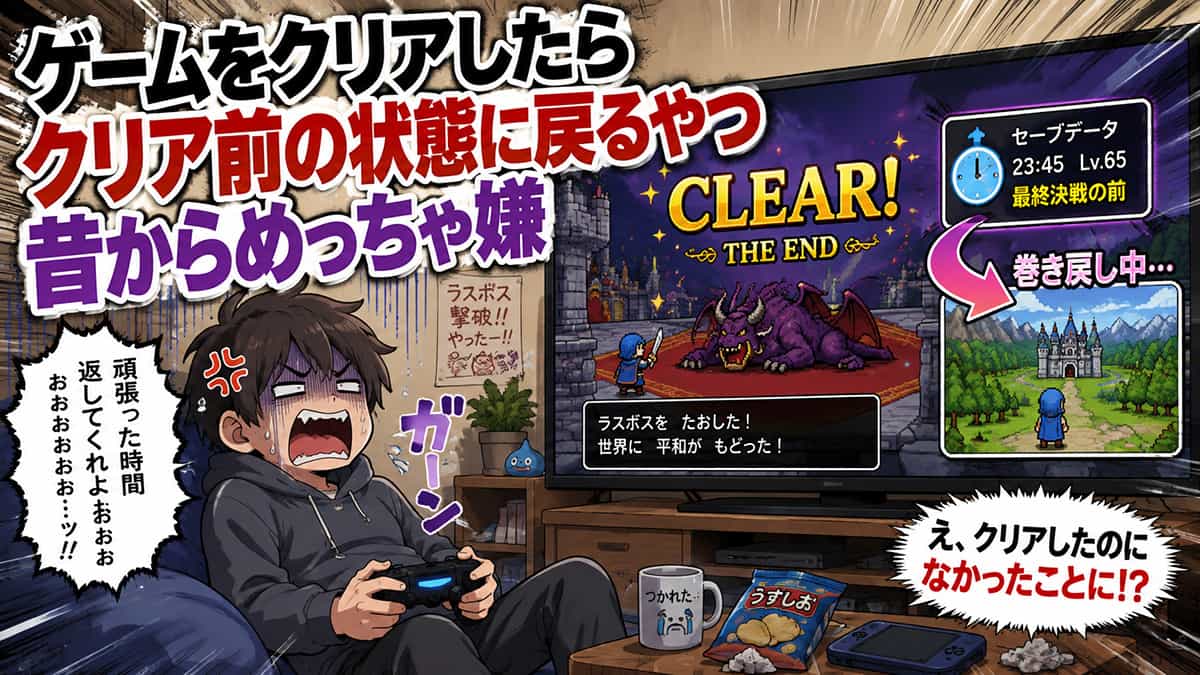 ゲームクリアしたらクリア前に戻ると不満を持つ男性