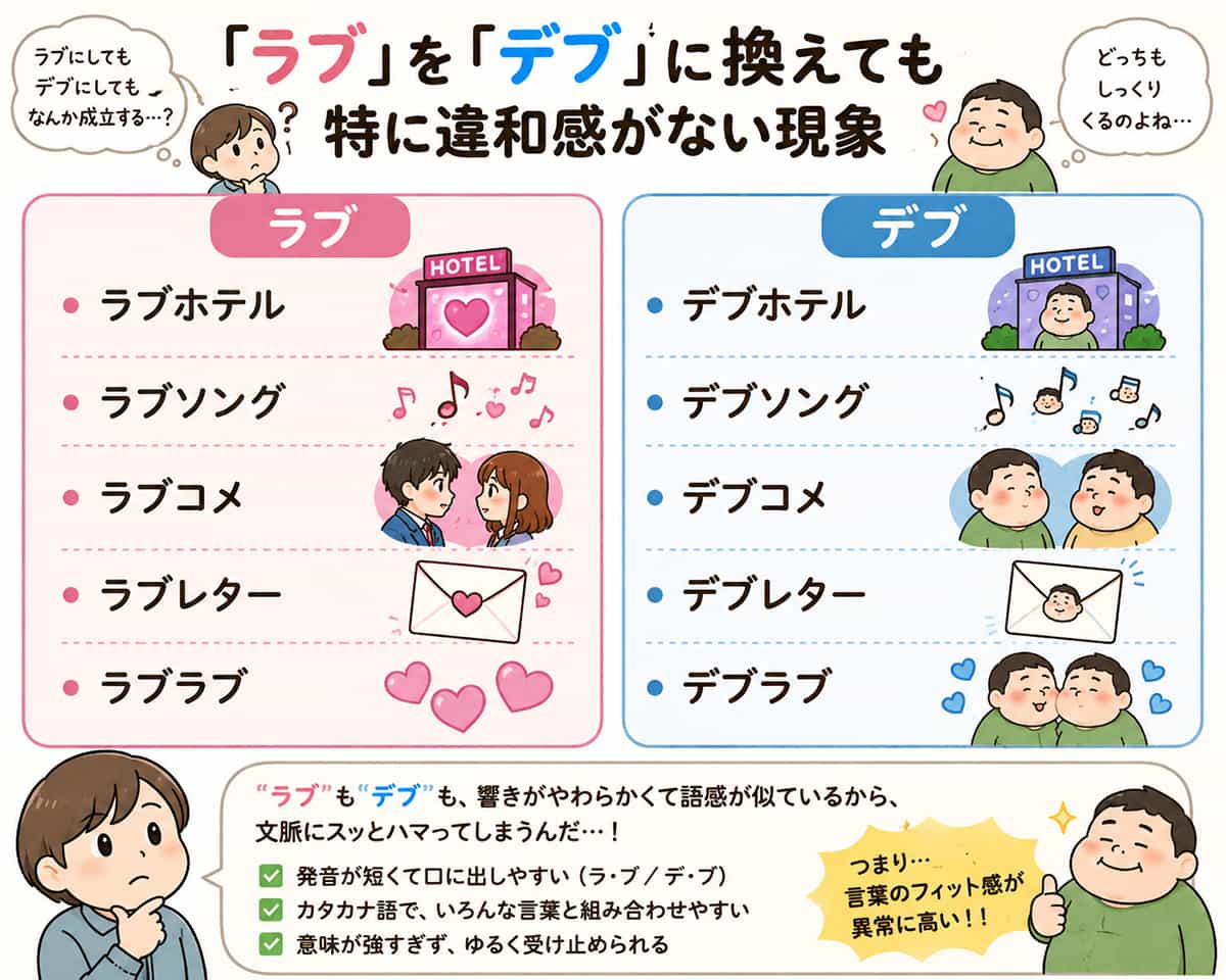 「ラブ」を「デブ」に換えても特に違和感がない現象