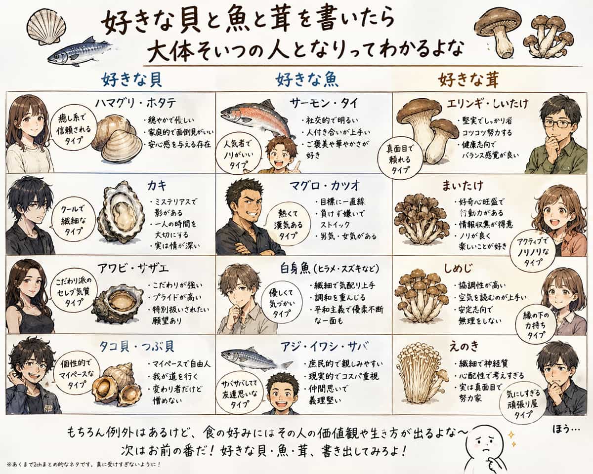 好きな貝と魚と茸を書いたら大体そいつの人となりってわかるよな