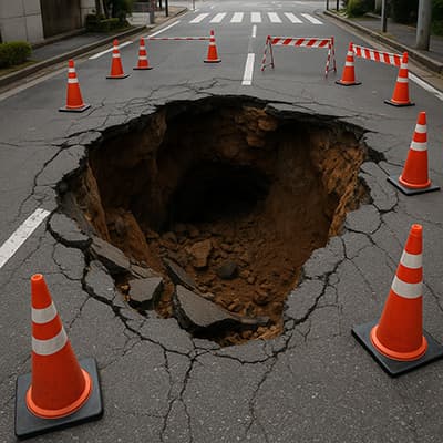 大田区の国道で陥没