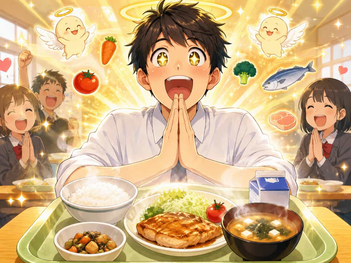 給食に喜ぶ男性
