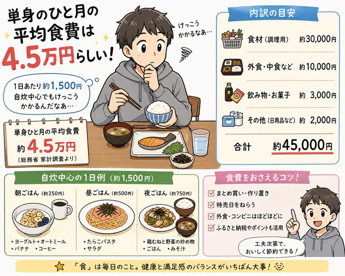 単身のひと月の平均食費4.5万らしいけどさ