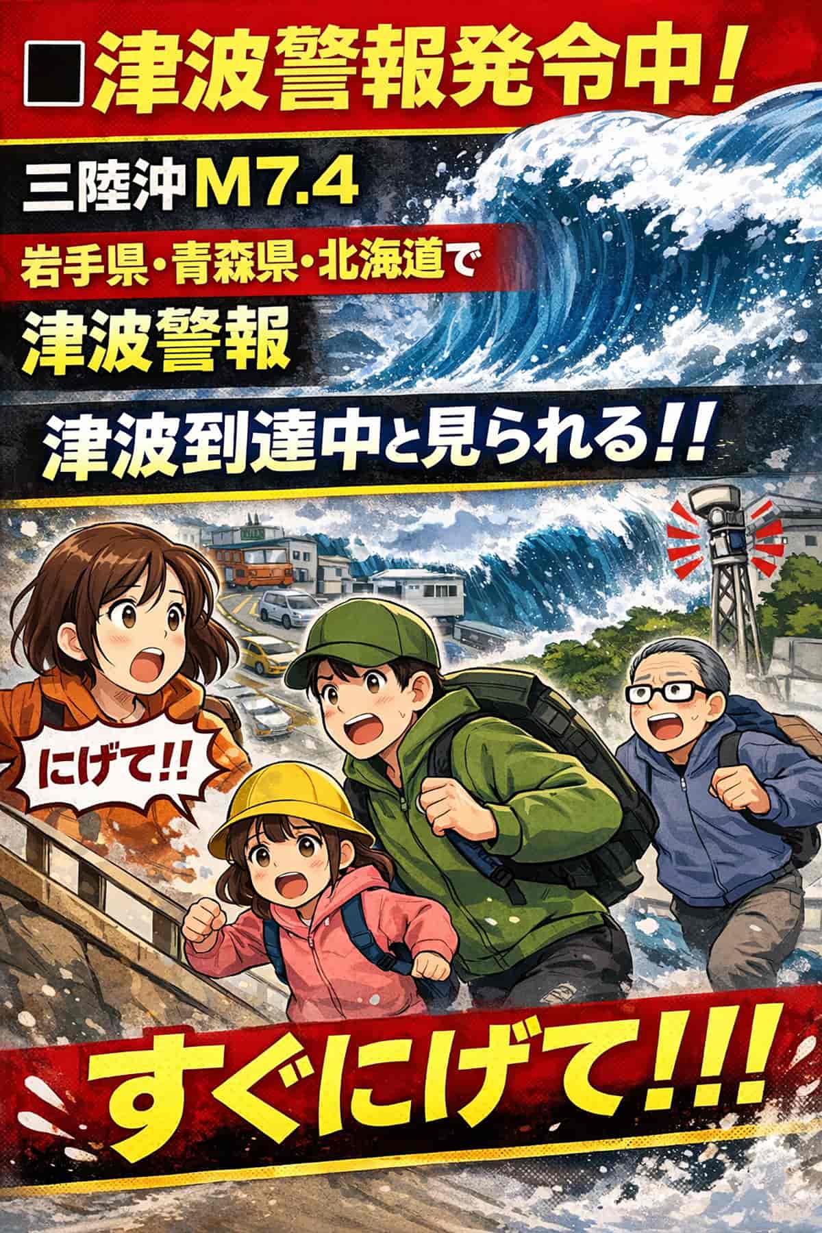 津波警報発令中　三陸沖M7.4　岩手県・青森県・北海道で津波警報　到達中と見られる　すぐにげて　2026年4月20日