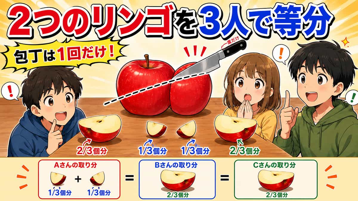 問題「２つのリンゴを3人で等分したい。包丁を使っていいのは一度だけ」