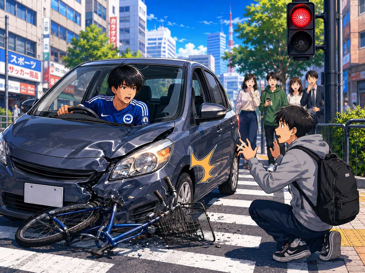 サッカー三笘薫が車で赤信号で自転車をひく