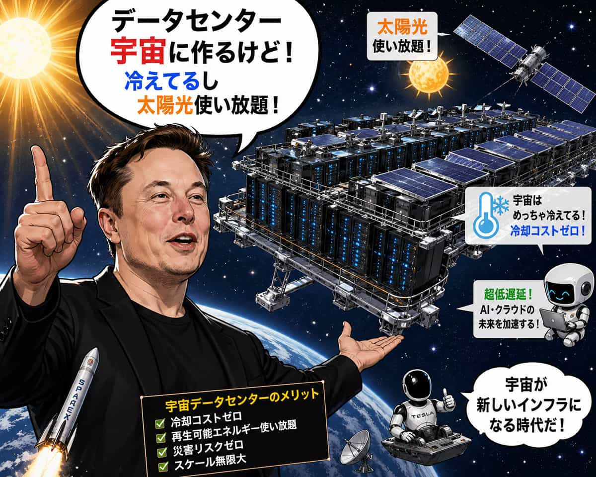 イーロン・マスク「データセンター宇宙に作るけど！冷えてるし太陽光使い放題！」