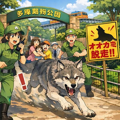 多摩動物公園の園内でオオカミが脱走
