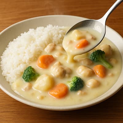 クリームシチューにご飯をかけて食ってる