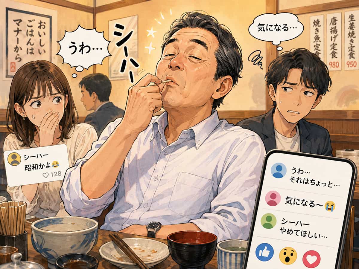 食後につまようじを使う男性と嫌悪がる周りの人々
