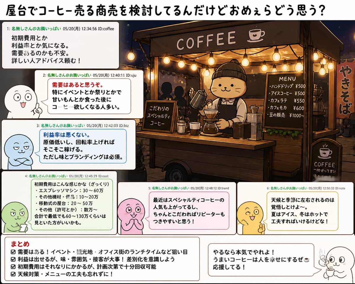 屋台でコーヒー売る商売を検討してるんだけどおめぇらどう思う?