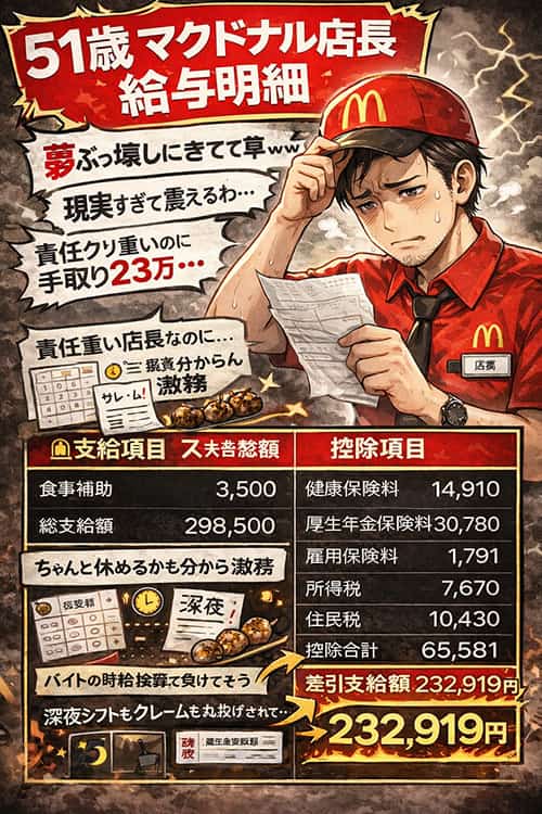 マクド店長の給与明細、夢ぶっ壊しにきてて草ｗｗｗ
