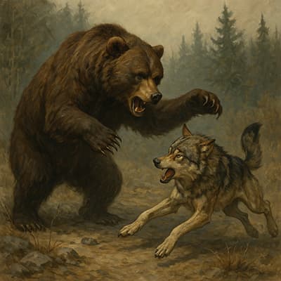 ヒグマの右フック、オオカミが回避