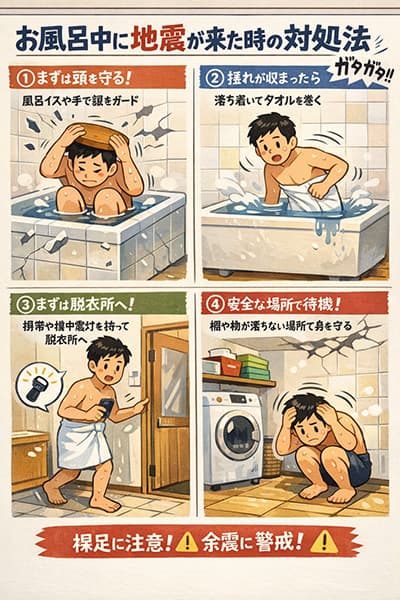 風呂入ってる時に地震きた時の対処法教えてくれ