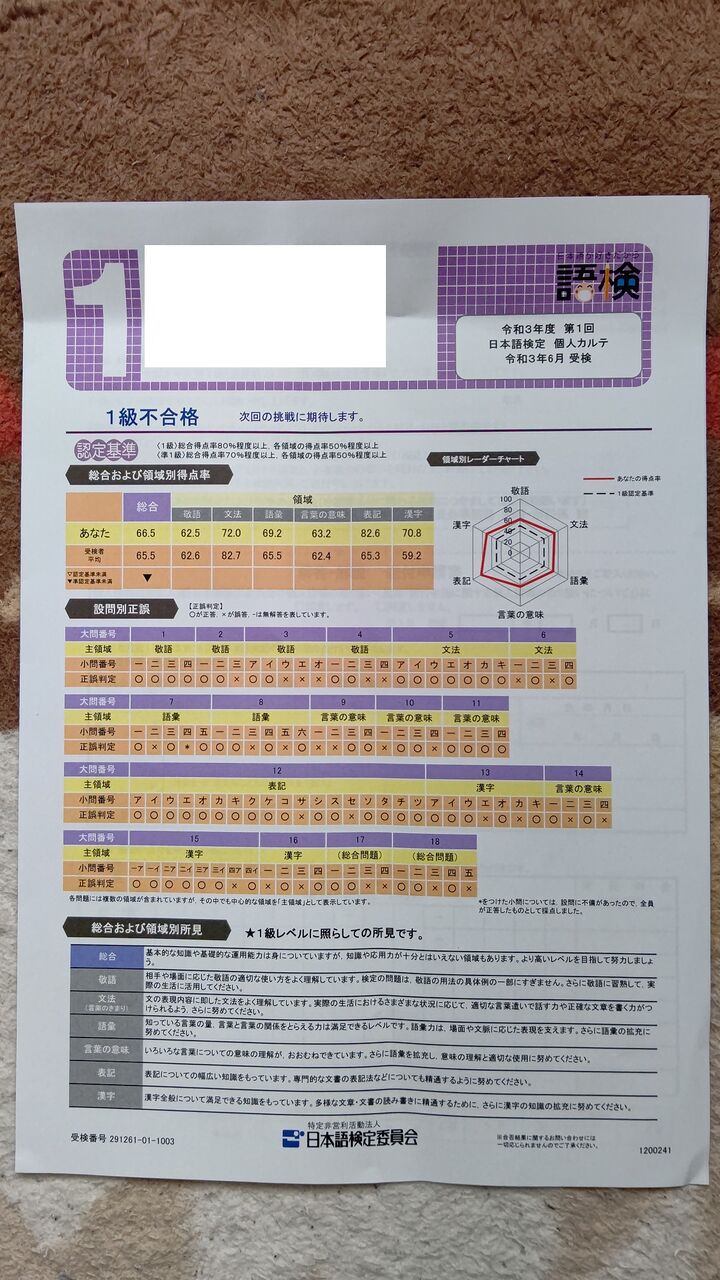 日本語検定1級個人カルテ到着 べんちゃんブログ