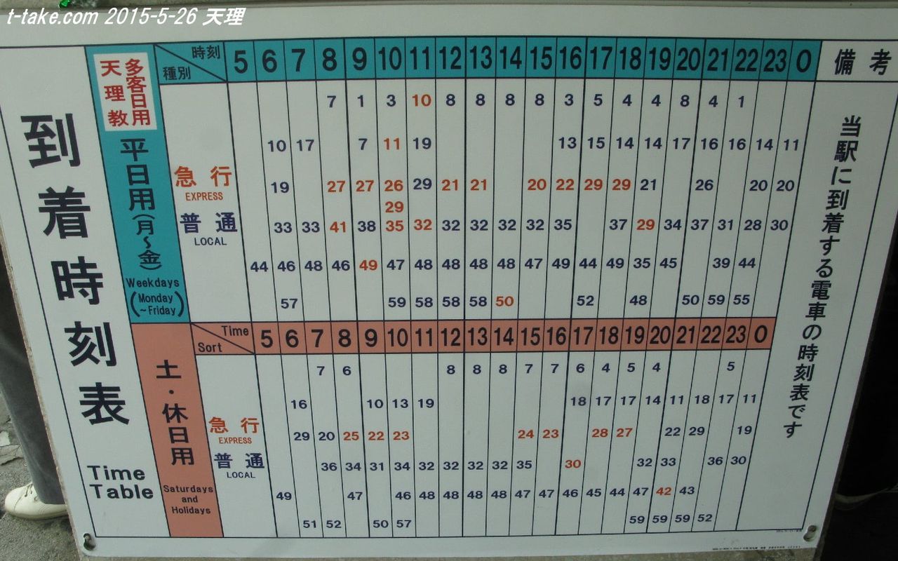 列車番号TTAKE(てぃーていく) 近鉄、天理臨駅掲出時刻表