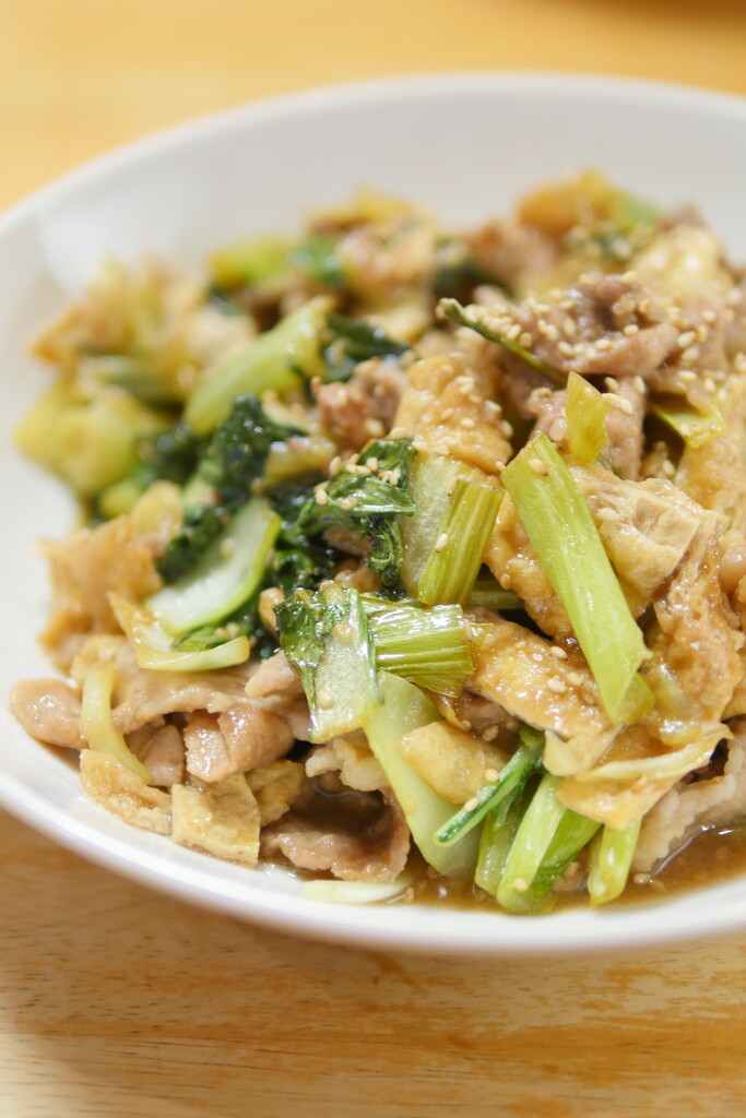 豚小間青梗菜油揚げの照り焼き炒め